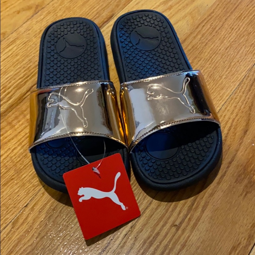 NWT Authentic Rose Gold and Black Puma Slides